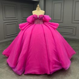 Luxury Rose Red Shiny Quinceanera Dresses Beaded Crystal Bow Ball Gown Off The Shoulder Sweet 16 Dress Lace Up Vestidos De XV 15 Anos