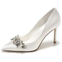 Pumps New white Champagne Women Bridal Wedding Shoes Faux Silk Satin Rhinestone Crystal Shallow Pumps Stiletto High Heel