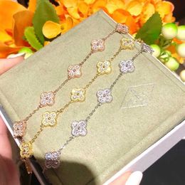 Original by designer Van Four Leaf Grass Six Flower Bracelet Inlaid with Full Diamond Thick Plated V Gold 18K Light Luxury Classic jewelry