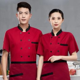 Red Unisex Kitchen hotel Chef Uniform Bakery Food Service Cook Short Sleeve shirt Breathable Double Breasted Chef Jacket clothes