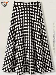 Skirts Casual Black White Checkerboard Plus Size 5xl Umbrella Skirt Women Elastic High Waist A-line Pleated All-match Long