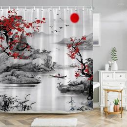 Shower Curtains Chinese Landscape Painting Curtain Ink Polyester Fabric Washable Bath Bathroom Decor