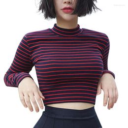 Women's T Shirts Crop Tops Women 2024 Chic All-match Classic Stripe Slim Short Bustier Top Turtleneck Long Sleeved T-shirt Sexy Tee