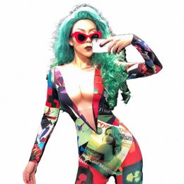 women New Colours Sexy Jumpsuit 3D Pringting Journal Bodysuit Party Stage Performance Wear Dancer Singer Costume Show Clothing k975#