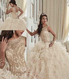 Gorgeous champagne Crystal Quinceanera Dresses Scoop Neck Hollow Back Coeset Prom Dress Tiered Skirts Floor Length Sweet 16 Dress2402390