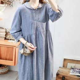 Casual Dresses 116cm Bust Spring Autumn 2024 Women Sweet Mori Kei Girl Fashion Embroidered Loose Plus Size Comfortable Cotton Linen