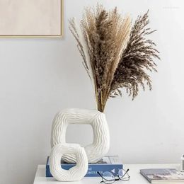 Vases Square Porcelain Vase Nordic Corrugated Flowerpot Pampas Grass Modern Art Living Room Bedroom Table Decoration Accessories House