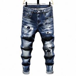 Мужские рваные джинсы скинни Джинсы с синими дырками Джинсовые брюки-стрейч Fi Высокое качество Мужские облегающие джинсовые брюки K0xJ #