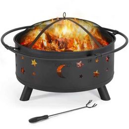 Camp Kitchen SMILE MART Iron Fire Pit Set Heating Equipment Camping Bowl with Poker Mesh Cover for BBQ Backyard Patio US 240329