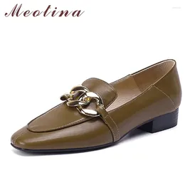 Casual Shoes Meotina Women Loafers Genuine Leather Flat Round Toe Metal Decoration Ladies Footwear 2024 Spring Beige Cow