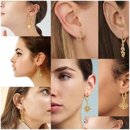 Dangle & Chandelier 18K Gold Drop Earrings For Women Ethnic Cross Heart Flower Eye Star Charms Hoop Earring 2021 Fashion Jewellery Set Dhddz