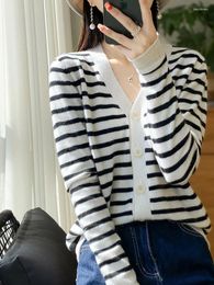 Women's Knits Chic Long Sleeve V-Neck Cardigan Women Sweater High Quality Merino Wool Stripes Knitwear Spring Autumn Clothing