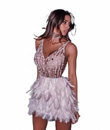 vintage Dres For Women Feather Decorati V-neck Slim Short Suspender Fi Neck Decorati Ring Party Sexy Dr Woman F366#