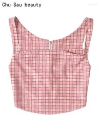 Women's Tanks Chu Sau Beauty 2024 Women Fashion Sweet Plaid Print Stretch Mesh Tank Tops Cute Square Collar Sexy Slim Chic Super Short