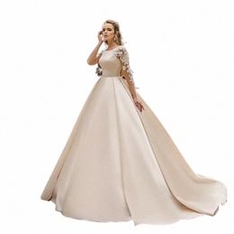 simple Satin Bridal Dres Sexy Backl Round Neck Princ Wedding Gowns A-Line Lace Applique Lg Sleeve Formal Beach Party r8Dt#