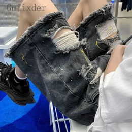 Gmiixder Holes Ripped Denim Shorts Men Women 2023 Summer Punk Vibe Streetwear American Hip High Washed Loose Fur Edge Half Pants 240315