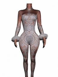 sexy White Lace Rhinestes Jumpsuit Woman Singer Stage Bodysuit Costume Party Celebrate Unitard Glisten Stes Outfit Baileisi Y9VL#