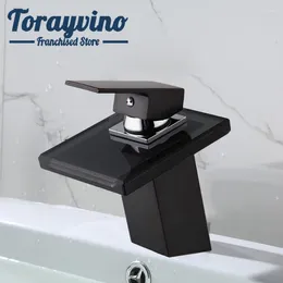 Bathroom Sink Faucets Waterfall Basin Faucet Deck Mounted Brass & Glass Black Torneiras Pretas Cold Mixer Taps
