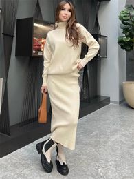 Work Dresses Tossy Solid Winter Turtleneck Two Piece Women Loose Knitwear Sweater And Fashion Long Skirt Sets Elegant Ribbed Female Outfits