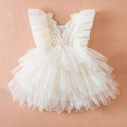 Baby Birthday Princess Dresses for Girls Summer Kids Lace Dress Wedding Party Ball Gown Flower White 240325