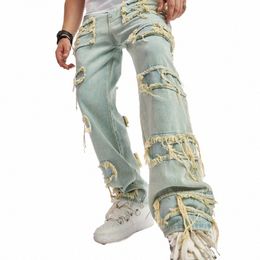 retro Style Men Ripped Patch Splicing Motorcycle Loose Jeans Pants Male Solid Stylish Casual Straight Biker Denim Trousers x3oY#