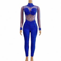 sparkly Blue Rhinestes Skinny Jumpsuit Women Lg Sleeve Tights Prom Party Rompers Ccert Singer Dancer Photoshoot Jumpsuit 607I#