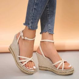 Sandals Ankle Strap Wedge Heel for Women 2024 Cross Strappy Thick Platform Sandalias Woman Summer Buckle Gladiator Shoes Ladies H240328HW3O