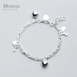 Modian 925 Sterling Silver Simple Hearts Key Charm Bracelet Bangle for Women Link Chain Korea Style Fine Jewellery Pulseira 240327