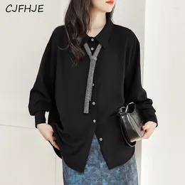 Women's Blouses CJFHJE Spring Black Simple Long Sleeved Tie Shirt Korean Retro Loose Single Breasted Women Commuter Flip Collar