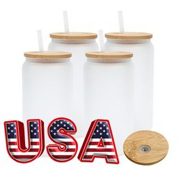 USA/CA Warehouse 16-Unzen-Sublimationsglas-Bierkrüge mit Bambusdeckeln und Strohhalmbechern DIY-Rohlinge Dosen Wärmeübertragung Cocktail-Eiskaffeetassen Whisky-Einmachgläser 5116