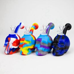 Cool Colorful Skull Head Silicone WaterPipe Pipes Herb Tobacco Glass Oil Rigs Filter Handle Bowl Smoking Cigarette Bong Bubbler Hookah Holder DHL