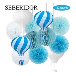 Kids Boy Communion Party Favour Blue White Set Air Balloon Shape Lantern DIY Pompom For Wedding Baptism 1st Birthday Decor 240323