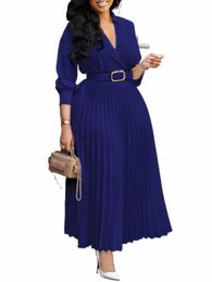 dr Women Clothes Plus Size Casual Pleated Party Maxi Dr Solid V-Neck Ruched Club Evening Lg Frock Belt Set Spring Summer s8Vj#