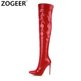 Elastic Thigh High Boots Women Red Heels Over the Knee Boot Sexy Point Nightclub Dance Ladies Long Stripper Shoes Large Size 45