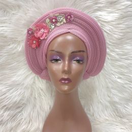 Fabric 2022 African Hijab Caps with Flower Already Made Aso Oke Gele Headtie Auto Turban Applique Head Wrap Ladies Hat Cap for Party