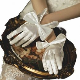 women Short Full Fingers Bow Wrist Elegant White Ivory Satin Bridal Wedding Gloves Wedding Accories Prom Party Dancing X7YI#