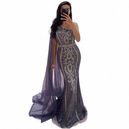 serene Hill Grey Mermaid Elegant Cape Sleeves Evening Dres Gowns One Shoulder Luxury Beaded 2024 For Women Party LA71270 F45i#
