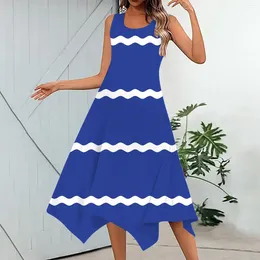 Casual Dresses Summer For Women 2024 Women's Stripe Print Sleeveless Dress Hem Maxi Tank Top Pockets Beach