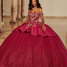 Red Shiny Quinceanera Dress Off The Shoulder Crystal Beads Ball Gown Lace Tull Corset Sweet 15 Vestidos De Quinceanera