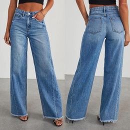 Women's Jeans Wide Leg Pants Women Splice Casual Loose Pockets Button Mid Waist Regular Straight Denim Long Trousers Autumn 2024