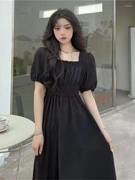 Party Dresses 2024 Black Vintage Midi Dress Elegant Women Square Collar Puff Sleeve Oversized Loose Casual Sundress Female Robe ZY7679