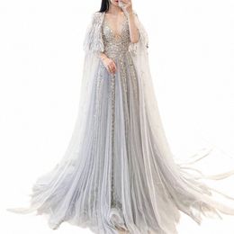 shar Said Luxury Dubai Sier Grey Evening Dres with Feather Cape Shawl Arabic Women Wedding Party Formal Prom Dr SS147 e8lU#