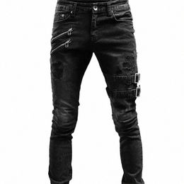 2023 New Arrival Men Jeans Streetwear Biker Ripped Slim Denim Pants Male Casual Fi Style Stretch Pencil Trousers Black Blue D4Rn#