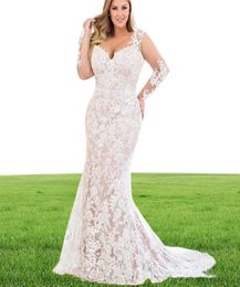 White Lace Mermaid Long Sleeve V Neck Wedding Dresses Plus Size Detachable Skirt Train Wedding Gowns Nigeria Vestidos De Novia7658367