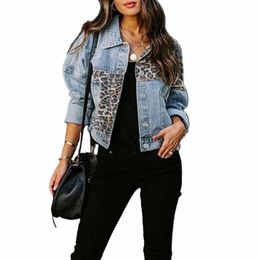 women Denim Jacket Leopard Splicing Lg Sleeves Women Coat Loose Turn-down Collar Casual Autumn Winter Ladies Female Coat 66k5#