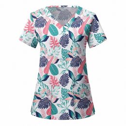 casual Nurse Uniform Floral Print Women Short Sleeve Tops V-neck Blouse Shirt Pocket Beauty Care Scrub Uniforms Enfermera Mujer n6rp#