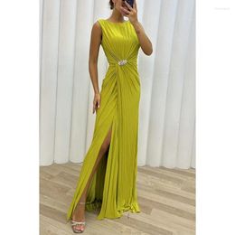 Casual Dresses Women's Monochromatic Pleated Dress Autumn Fashion Sexy Round Neck Sleeveless High Waist Split Long Elegant Party