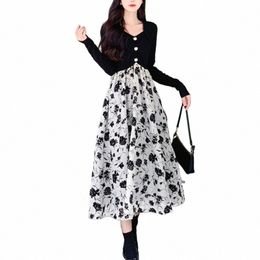 women Fall Spring Dr V Neck Fr Print Lg Sleeve A-line Dr Loose Hem Patchwork Butt Decor Mid-calf Length Midi Dr L77r#