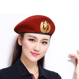 High-Q Men Women Wool Felt Berets Metal Badge Decor Sailors Dance Performance Hat Trilby Military Fans Army Cap Adjustable