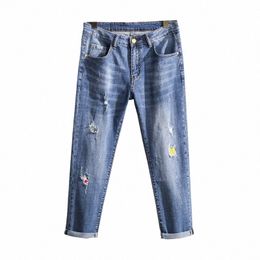 42 44 46 48 Plus Size Summer Autumn Men's Thin Light Blue Jeans Trendy Fi Ripped Stretch Lightweight Ankle-Lenght Pants U4gO#